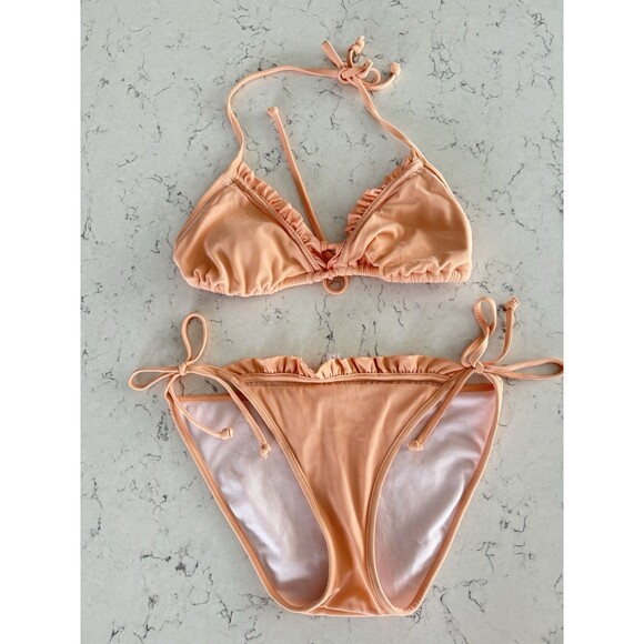 Vintage Y2K Victoria’s Secret Peach Ruffle Coquette Bikini Set Tie M - Picture 1 of 7